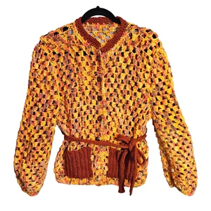 Vintage Crochet Cardigan Yellow Brown Orange Retro Pockets Tie Size 12 Buttons - Picture 1 of 9
