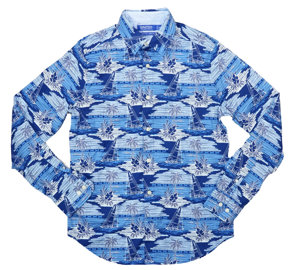 Nautica Blue Mens Blue Printed Classic Fit Button-down Shirt S BHFO 3884