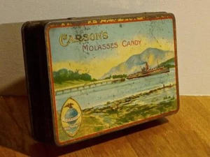 Vintage Carsons Molasses Candy Tin with Picture of Luss Pier Ben Lomond Scotland - Picture 1 of 3