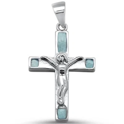Colgante con dije de plata de ley .925 cruz de Jesús Larimar natural Foto 1 de 2