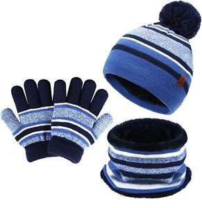 Kids Toddlers Winter Knit Warm Beanie Hat Scarf Gloves Set  Age 2-7 Pompom