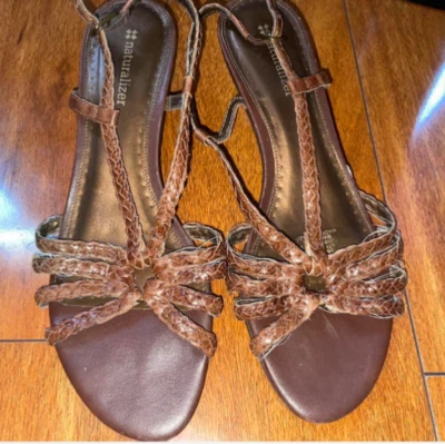 brown kitten heels, snakeskin straps - Image 1 of 3