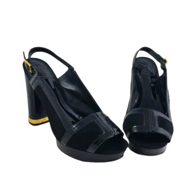 Tory Burch Gemma Tacones Negro Gamuza Charol Eslinga Plataforma Talla 9.5 Foto 1 de 4