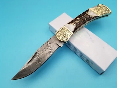 Navaja de bolsillo con mango de asta de ciervo de acero Damasco 4,25 clsd hoja plegable con bloqueo  Foto 1 de 4