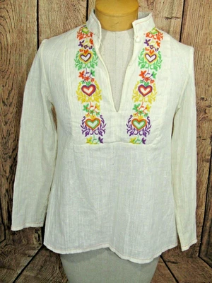 Vintage 70s Boho Hippie Top Embroidered Crinkle Texture Sunny Lee Womens Small  - Image 1 of 4
