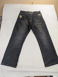 Miskeen Jeans Mens 38 Blue Denim 38x32 Baggy Embroidered Buddha Hip Hop Y2K - Picture 1 of 11
