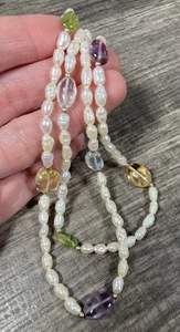 Baroque Fresh Water Rice Pearl Strand Necklace Semi Precious Stones 28.5” - Picture 1 of 9
