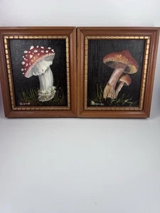 Vintage Hand Painted Mushroom Paintings Signed Framed Set Of 2 Cottagecore - Picture 1 of 5