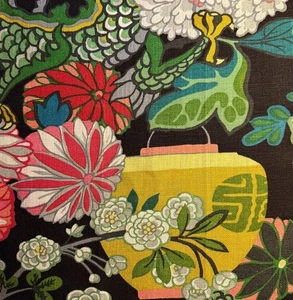 SCHUMACHER Chiang Mai Dragon Ebony Printed Linen UK Chinoiserie Remnant New - Picture 1 of 1