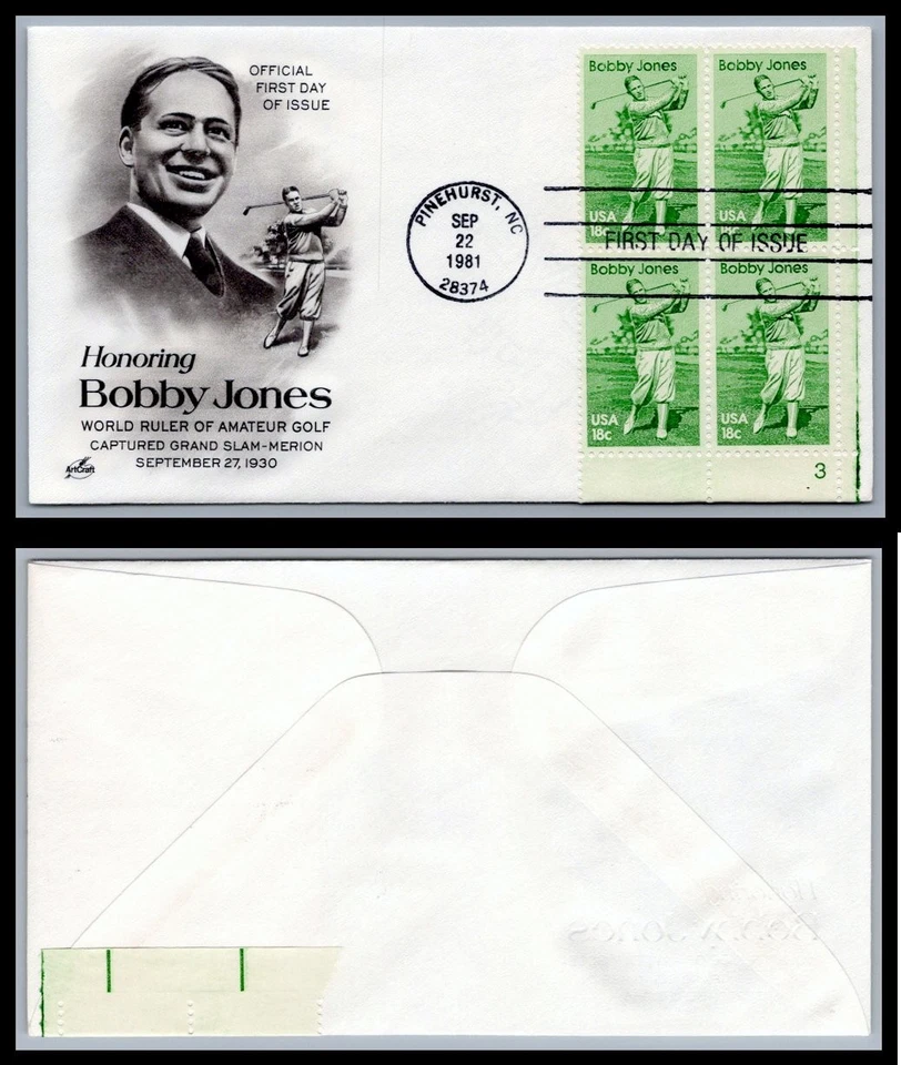 US FDC # 1933 18c Bobby Jones Golf ArtCraft Plate Block 3 LR 1981, 9Q1156 - Image 1 of 1