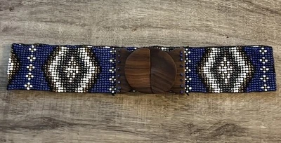 Wide Glass Bead Stretch Belt Boho Wood Buckle Festival Native American 37” Blue - Image 1 of 4