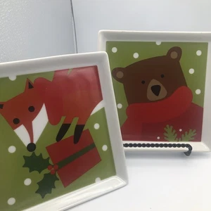 Crate & Barrel Christmas Plates Snacks Set of 2 ~ Bear / Fox Square Appetizers - Picture 1 of 8