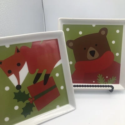 Crate & Barrel Christmas Plates Snacks Set of 2 ~ Bear / Fox Square Appetizers - Image 1 of 4