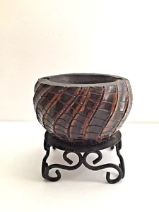 Brown  Oval Faux Reptile Trinket/ Base Candle Holder  Black Metal Pedestal 4"T - Picture 1 of 10