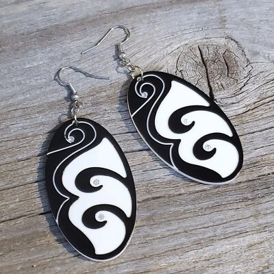 Vintage Y2K White Black Lucite Austrian Crystal Circle Swirl Earrings - Image 1 of 4