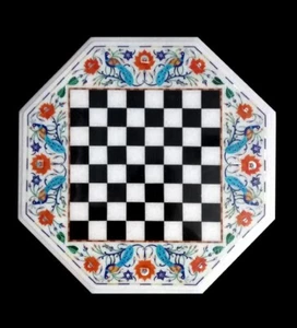 18" Marble Chess Table Top Semi Precious Stones Inlay Art Handmade Work - Picture 1 of 2