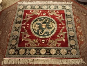 Beautiful Vintage Hand Knotted Silk Square Area Rug Dragon Red Carpet 4' X 4' - Picture 1 of 14