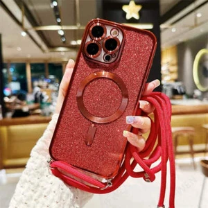 For iPhone 15 Pro Max Luxury MagSafe Glitter Crossbody Strap Case Electroplated - Photo 1 sur 23