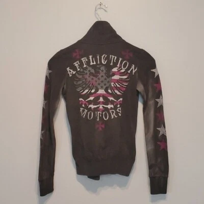Vintage Y2K Affliction Women Motor Zip  USA EAGLE FlAG Premium hoodie Hood sz XS - Image 1 of 4