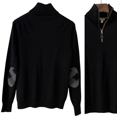 Suéter Burberry Para Hombres Negro 1/4 Cremallera Cuello Simulado Nova Check Codo Parches Lana L Foto 1 de 4