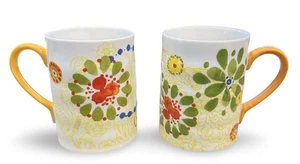 Anthropologie Biscuit Red, Yellow, Orange & Green Floral Ceramic Mugs Set of 2 - Picture 1 of 5