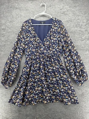 Lulus Dress Womens XL Navy Floral Long Sleeve Wrap V Neck Made USA Mini Boho - Image 1 of 4