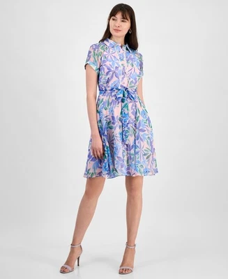 Tahari Women's Shadow-Striped Floral-Print Belted Dress - Bubblegum Floral-6 - Image 1 of 4