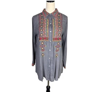 Scully M Vintage Wash Gray Embroidered Button Up Long Sleeve Western Tunic Top - Picture 1 of 13