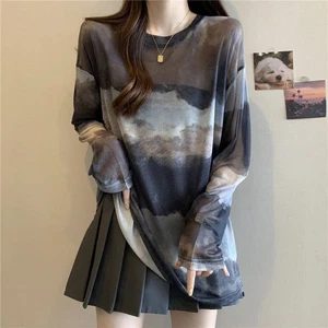 Women Sheer Shirt Tie-dyeing Mesh Tops  Sun Protection Base Tee Summer Thin - Picture 1 of 17