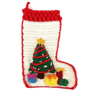 Vintage Handmade Crochet Christmas Stocking Tree Presents White Red - Picture 1 of 4