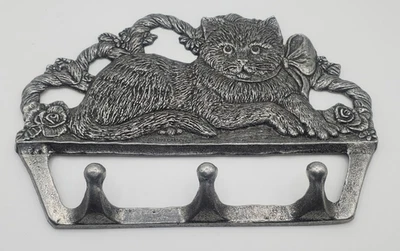 Organizador de 3 ganchos de pared vintage para gato gatito tono plateado Foto 1 de 4