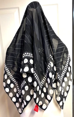 Designer Oscar De La Renta 100% Silk Scarf Black  White Polka Dots & Pin Stripes - Image 1 of 4