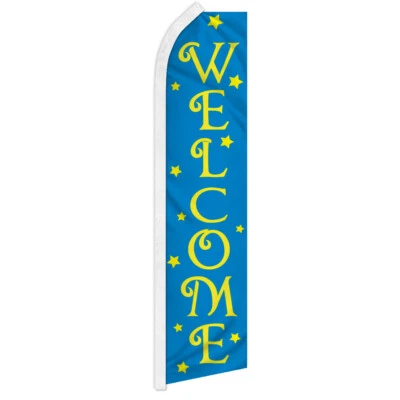 Welcome Swooper Flutter Feather Advertising Flag Welcome Flag Come In Blue Stars - Image 1 of 2