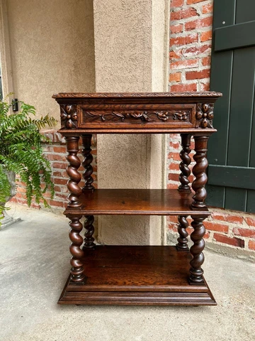 Petite Antique French Carved Oak Server Sideboard Barley Twist Display Shelf Cover