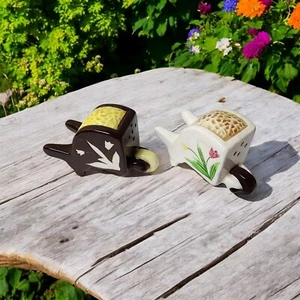 Vintage Salt Pepper Shakers Wheelbarrows Tulips Garden Multicolor Novelty Japan - Picture 1 of 9