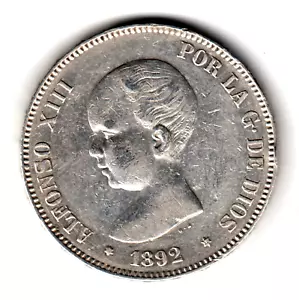 ESPAÑA 5 pesetas plata 1892 *18* *92* PG.M Alfonso XIII Bonito duro tipo Pelón - Imagen 1 de 2