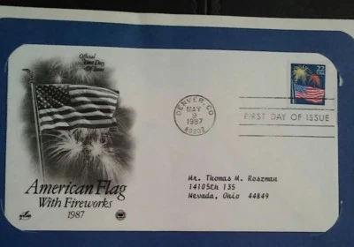 FIRST DAY STAMP COVER. . AMERICAN FLAG WITH FIREWORKS. . 1987 - Image 1 of 4