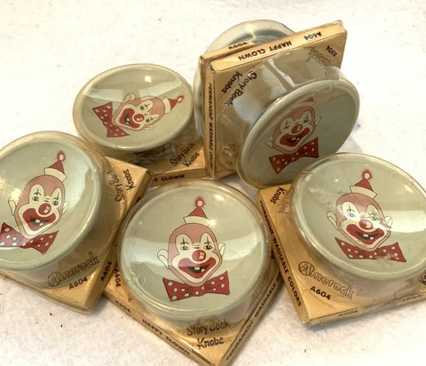 1950s NOS Amerock Child Kid's Story Book Drawer KNOBS Clown Lot of 6 NEW IN PKG Cover