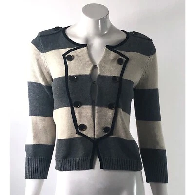 Cárdigan Suéter Ann Taylor LOFT XS Gris Beige Rayas Estilo Militar Ojo de Gancho Foto 1 de 4
