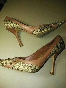 BCBGirls Tan Logo Fabric High Heel Pumps Size 8.5 - Picture 1 of 4
