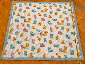 Vintage pink blue yellow Cats Dogs Girl Boy baby blanket 70's  Handmade Retro - Picture 1 of 10