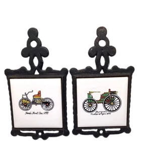 2 Vtg Homco Cast Iron Ceramic Tile ANTIQUE AUTOMOBILE CAR TRIVETS wall decor set - Picture 1 of 7