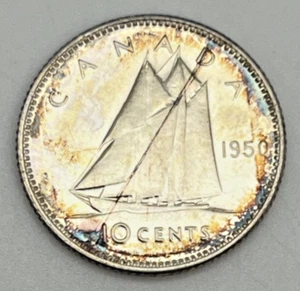 1950 Canada 10 Cents KM#43 Silver .800 BU UNC Uncirculated Toned Toning Rainbow - Picture 1 of 2