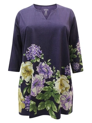 ULLA POPKEN Tunic Top DARK PURPLE Floral Notch Neck Sizes 16/18 24/26 & 40/42 - Image 1 of 3