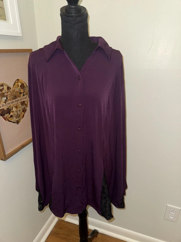 Blusa Susan Graver para mujer tejida líquida con botones ciruela púrpura encaje inferior 3XL Foto 1 de 4