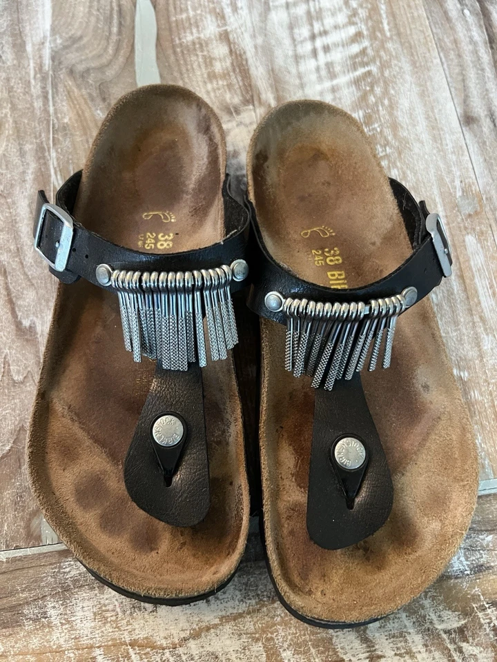 Birkenstock Gizeh Fringe Sandals Black with Silver Fringe 38 / 7-7.5 US Boho - Image 1 of 4