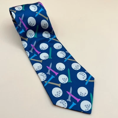 Corbata de seda Lillian Vernon pelotas de golf azules patrón de camisetas para hombre vintage 1992-usada en excelente estado Foto 1 de 4