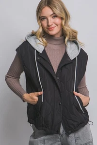Love Tree Quilted Hooded Lightweight Puffer Vest with Pockets in Black - Picture 1 of 5
