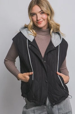 Love Tree Women's Quilted Hoodie Lightweight Puffer Vest with Pockets in Black - Image 1 of 4