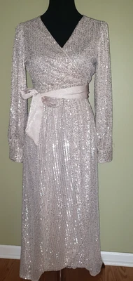LAUREN CONRAD Cream Silver Sequin Bling Wrap Evening Dress Small Fully Lined NWT - Image 1 of 4